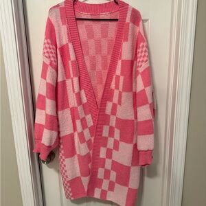 SHEIN Pink and Cream Checkered Cardigan